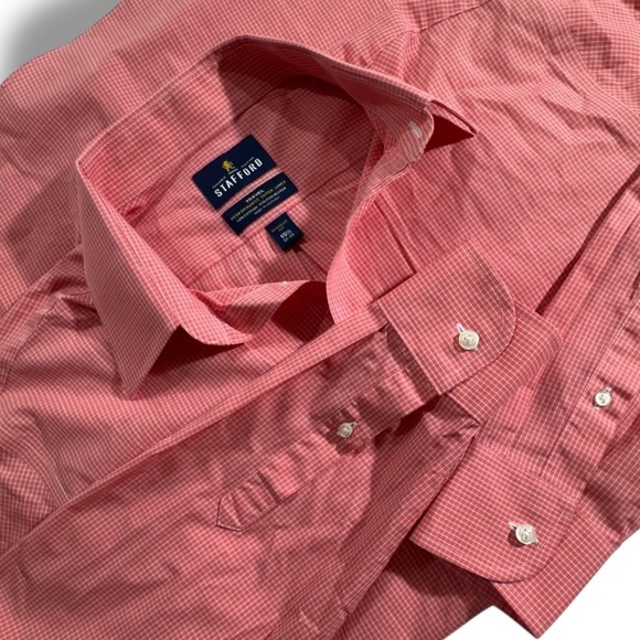 Stafford Mens 15 1/2 32-33 Button Up Dress Shirt Pink White Plaid Long Sleeve - Picture 6 of 8